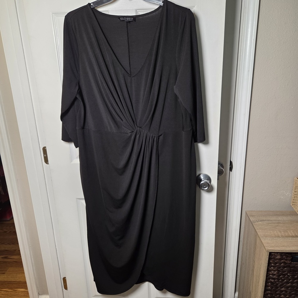 Eloquii‎ sz 22 black draped 3/4 slv midi dress v-neck event party elevated basic